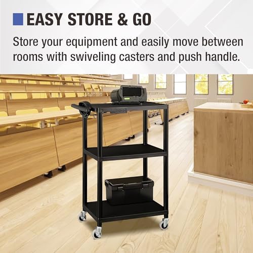 Mobile Utility AV Cart with Power Strip and Casters, Rolling Presentation and Media Cart on Wheels, Black in, alternate view