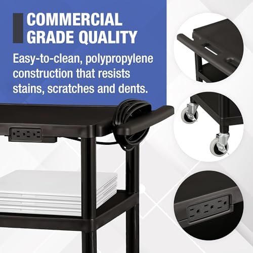 Mobile Utility AV Cart with Power Strip and Casters, Rolling Presentation and Media Cart on Wheels, Black in, alternate view