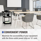Mobile Utility AV Cart with Power Strip and Casters, Rolling Presentation and Media Cart on Wheels, Black in, alternate view