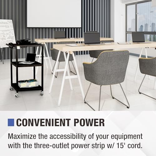 Mobile Utility AV Cart with Power Strip and Casters, Rolling Presentation and Media Cart on Wheels, Black in, alternate view