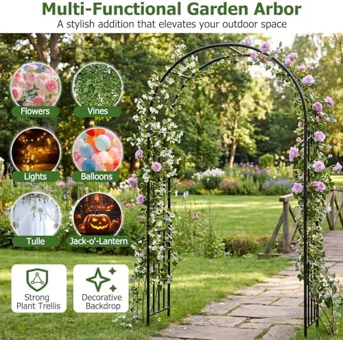 Moccha Garden Arch Arbor Trellis, 7.2Ft Outdoor Steel Arbor with Stakes, Metal Archway for Climbing Plants, Wide, alternate