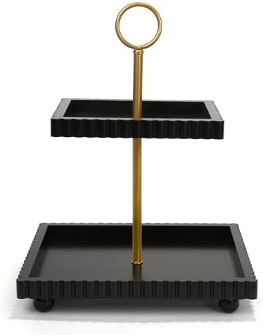 Modern 2 Tier Black Rectangular Decorative Tray with Gold Handle in Black Square