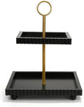 Modern 2 Tier Black Rectangular Decorative Tray with Gold Handle in Black Square