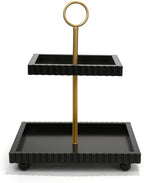 Modern 2 Tier Black Rectangular Decorative Tray with Gold Handle in Black Square