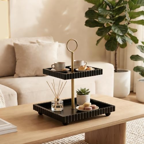 Modern 2 Tier Black Rectangular Decorative Tray with Gold Handle in Black Square, alternate view 2