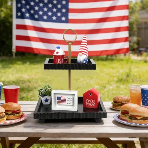 Modern 2 Tier Black Rectangular Decorative Tray with Gold Handle in Black Square, alternate view 5