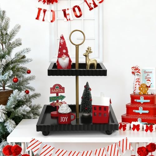 Modern 2 Tier Black Rectangular Decorative Tray with Gold Handle in Black Square, alternate view 7