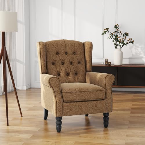 Modern Accent Chair, Fabric Upholstered Wingback Armchair, Brown in Brown
