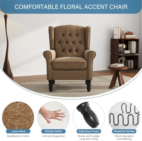 Modern Accent Chair, Fabric Upholstered Wingback Armchair, Brown in Brown, alternate view 4