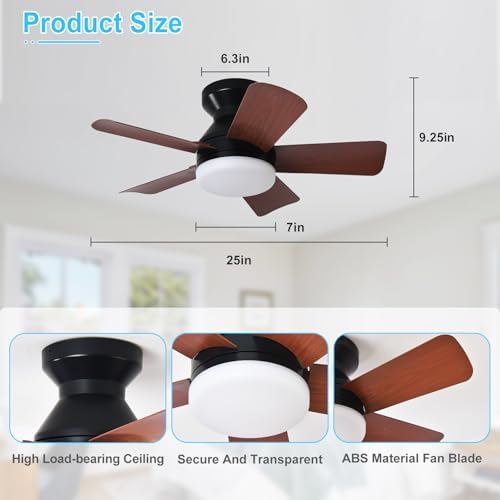 Modern Ceiling Fan with Light: 25-Inch Black Small Fans for Bedroom Indoor Outdoor - Dimmable Low Profile, alternate view 2