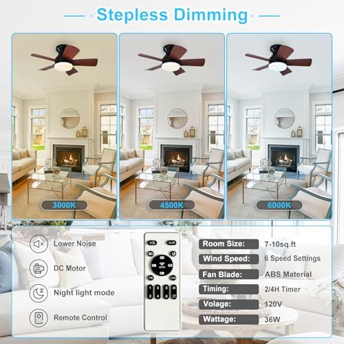 Modern Ceiling Fan with Light: 25-Inch Black Small Fans for Bedroom Indoor Outdoor - Dimmable Low Profile, alternate view 4