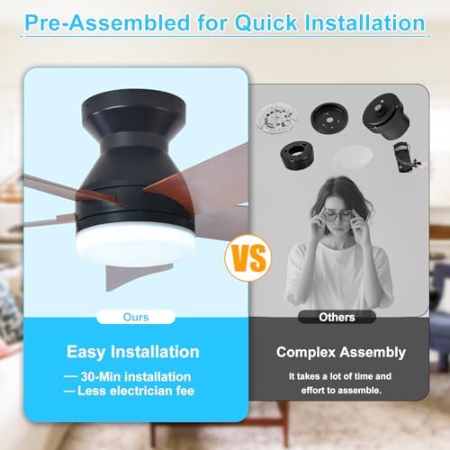 Modern Ceiling Fan with Light: 25-Inch Black Small Fans for Bedroom Indoor Outdoor - Dimmable Low Profile, alternate view 6