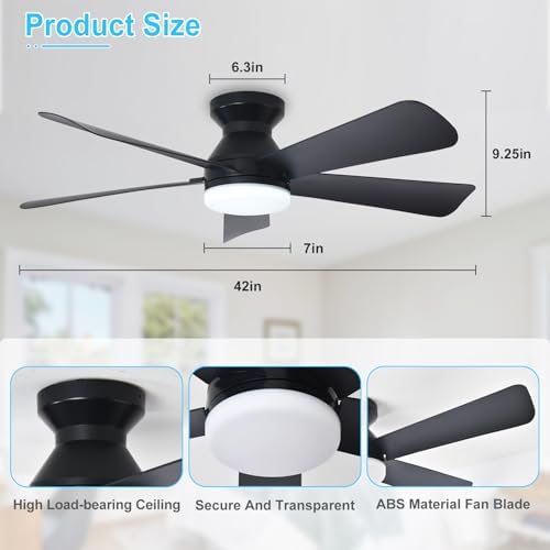 Modern Ceiling Fan with Light: 42-Inch Black Small Fans for Bedroom Indoor Outdoor - Dimmable Low Profile, alternate view 2