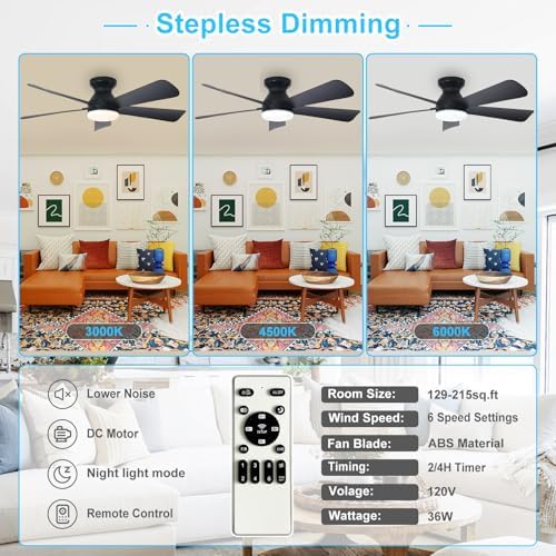 Modern Ceiling Fan with Light: 42-Inch Black Small Fans for Bedroom Indoor Outdoor - Dimmable Low Profile, alternate view 4