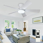Modern Ceiling Fan with Light: 42-Inch White Small Fans for Bedroom Indoor Outdoor - Dimmable Low Profile