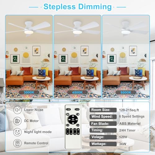 Modern Ceiling Fan with Light: 42-Inch White Small Fans for Bedroom Indoor Outdoor - Dimmable Low Profile, alternate view 3