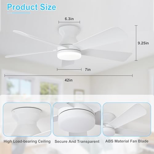 Modern Ceiling Fan with Light: 42-Inch White Small Fans for Bedroom Indoor Outdoor - Dimmable Low Profile, alternate view 5