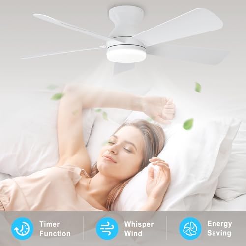 Modern Ceiling Fan with Light: 42-Inch White Small Fans for Bedroom Indoor Outdoor - Dimmable Low Profile, alternate view 6