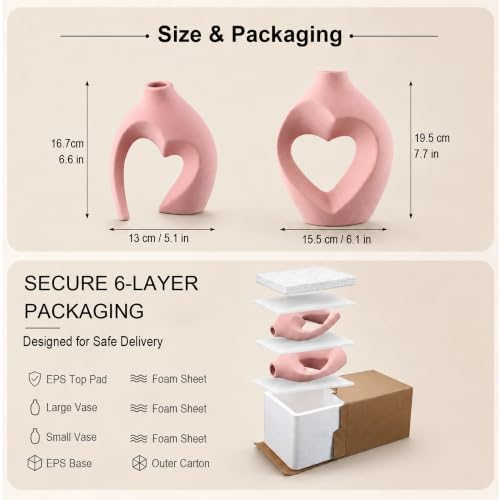 Modern Ceramic Flower Vase Home Table Decor Heart Shaped Vase Set of 2 in Modern Pink, alternate view 2