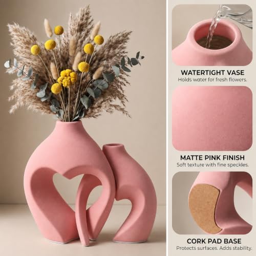 Modern Ceramic Flower Vase Home Table Decor Heart Shaped Vase Set of 2 in Modern Pink, alternate view 3
