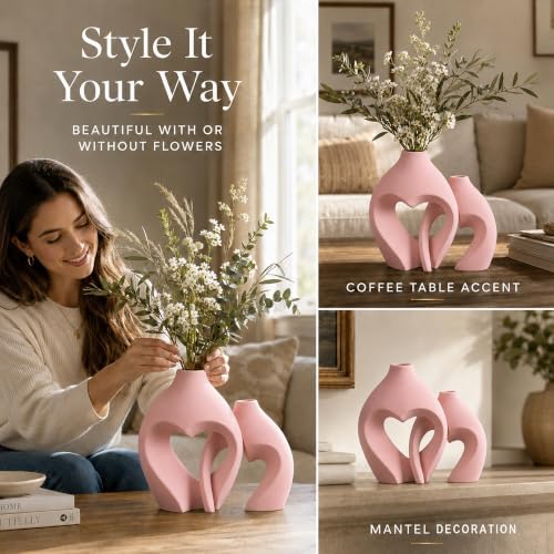 Modern Ceramic Flower Vase Home Table Decor Heart Shaped Vase Set of 2 in Modern Pink, alternate view 4