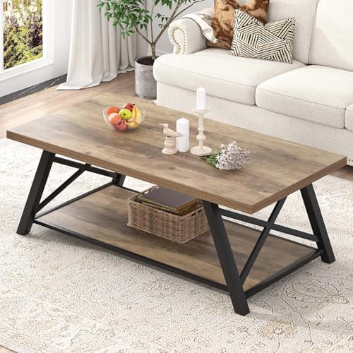 Modern Coffee Table, Rectangle Center Table for Living Room with Storage Shelf, Industrial Wood and Metal
