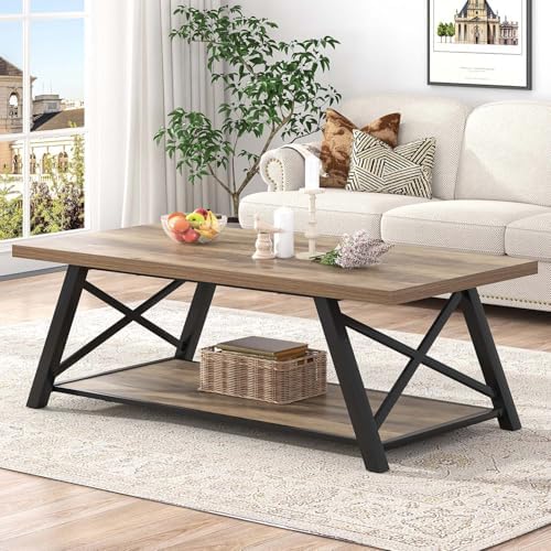 Modern Coffee Table, Rectangle Center Table for Living Room with Storage Shelf, Industrial Wood and Metal, alternate view 3