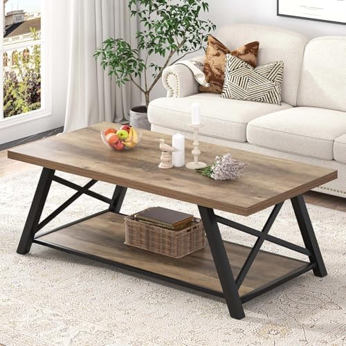 Modern Coffee Table, Rectangle Center Table for Living Room with Storage Shelf, Industrial Wood and Metal, alternate view 5
