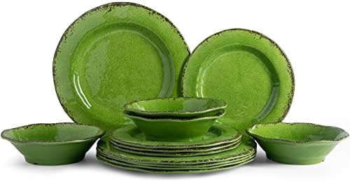 Modern Rustic Melamine Dinnerware Sets, 12-Piece Camping Dishes Set in Green