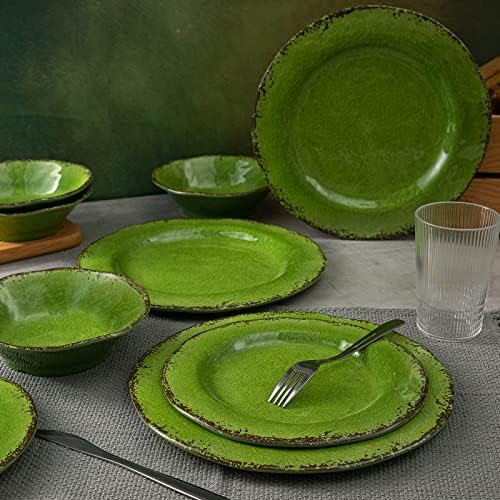 Modern Rustic Melamine Dinnerware Sets, 12-Piece Camping Dishes Set in Green, alternate view 2