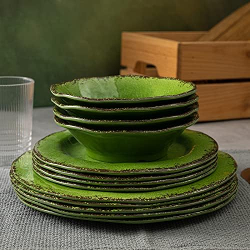 Modern Rustic Melamine Dinnerware Sets, 12-Piece Camping Dishes Set in Green, alternate view 6