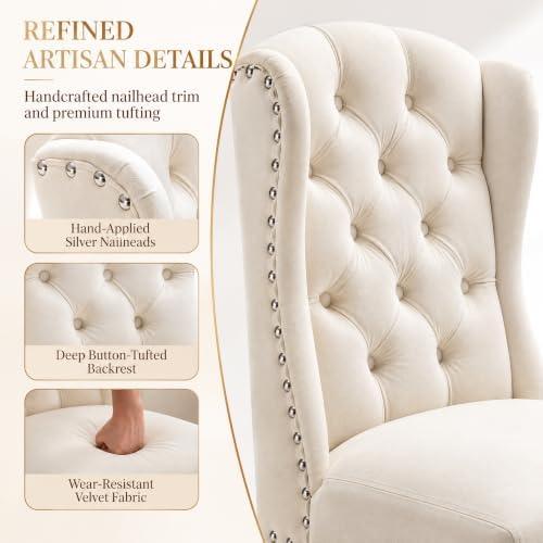 Modern Tufted Dining Chairs Set of 2, Velvet White, alternate view 3
