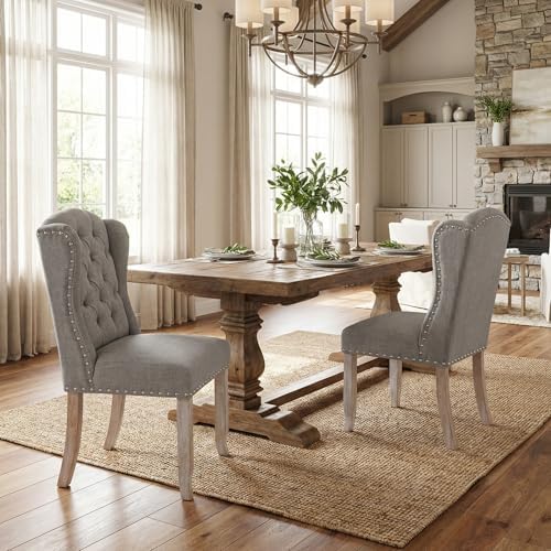 Modern Tufted Wingback Dining Chairs Set of 2, Grey in Set 2 in Linen-grey, alternate view 4