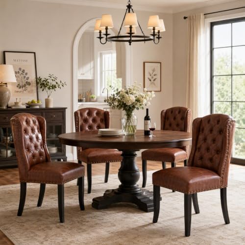 Modern Tufted Wingback Dining Chairs Set of 4, PU Brown