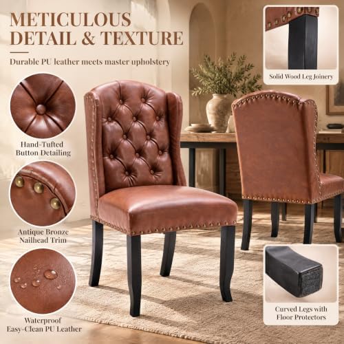 Modern Tufted Wingback Dining Chairs Set of 4, PU Brown, alternate view 3
