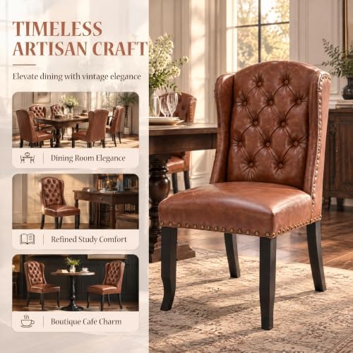Modern Tufted Wingback Dining Chairs Set of 4, PU Brown, alternate view 5
