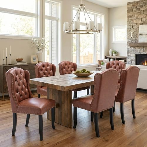 Modern Tufted Wingback Dining Chairs Set of 6, PU Brown
