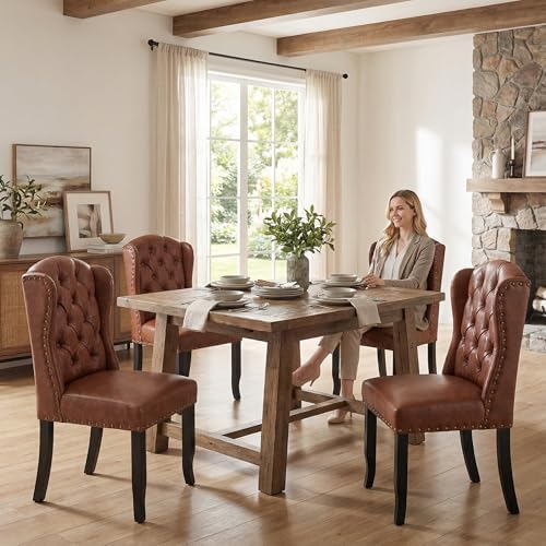 Modern Tufted Wingback Dining Chairs Set of 6, PU Brown, alternate view 4