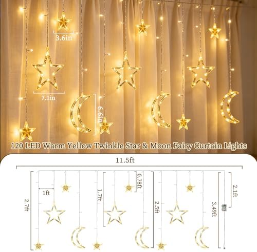 Moon Star Curtain String Lights, 11.5ft 120LED Moon Fairy Lights Decor, alternate view 2