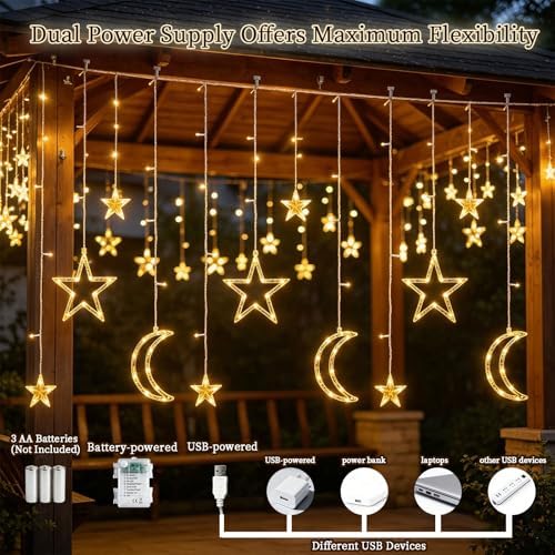 Moon Star Curtain String Lights, 11.5ft 120LED Moon Fairy Lights Decor, alternate view 4