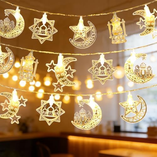 Moon Star String Lights,10 FT 20 LED Star Fairy Lights Ramadan Lights Decor