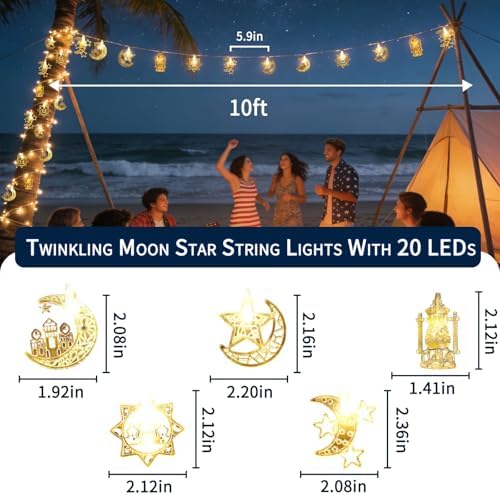Moon Star String Lights,10 FT 20 LED Star Fairy Lights Ramadan Lights Decor, alternate view 3