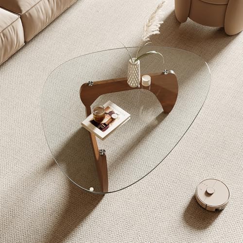 Morden Coffee Table, 42.5" x 28.5" x 16.1" Triangle Tempered Glass Top for Living Room, Color: Natural Wood, alternate view 4