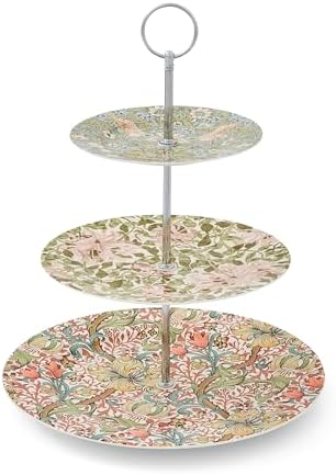 Morris & Co 3-Tier Cake Stand with Metal Handle, Strawberry Thief & Honeysuckle Design | Porcelain | Centerpiece