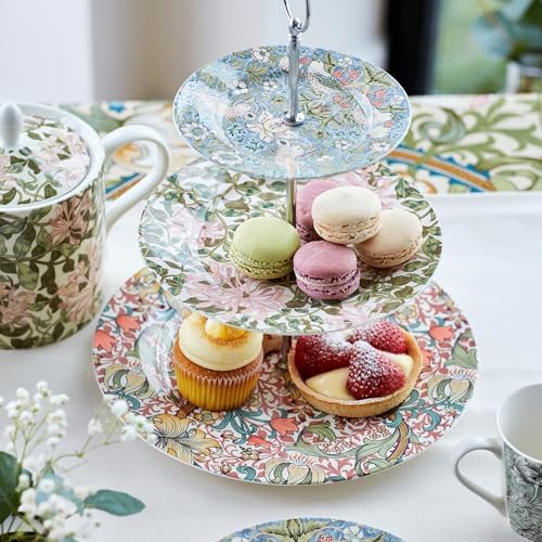 Morris & Co 3-Tier Cake Stand with Metal Handle, Strawberry Thief & Honeysuckle Design | Porcelain | Centerpiece, alternate