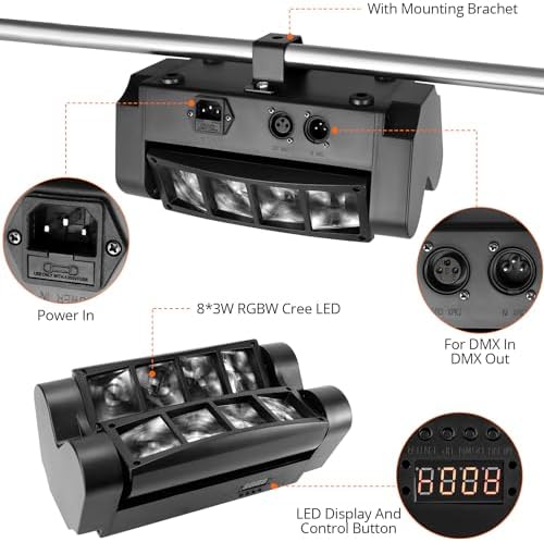 Moving Head DJ Lights, 8 x 3W RGBW Beam Stage Light, 540 Degree XY Axis with 4 Lighting Modes, Sound Activated, alternate