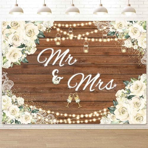 Mr and Mrs Bridal Shower Backdrop for Wedding Party Decorations White Floral Rustic Wooden Photography