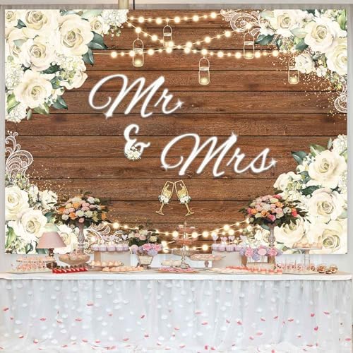 Mr and Mrs Bridal Shower Backdrop for Wedding Party Decorations White Floral Rustic Wooden Photography, alternate view 2
