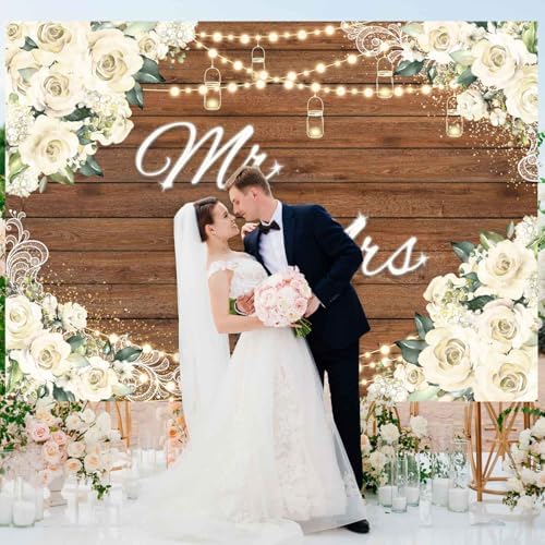 Mr and Mrs Bridal Shower Backdrop for Wedding Party Decorations White Floral Rustic Wooden Photography, alternate view 3