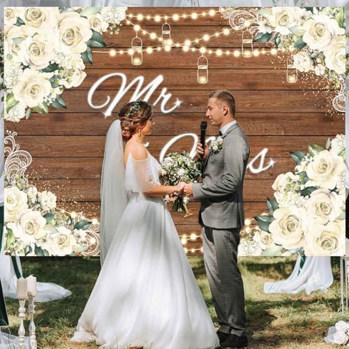 Mr and Mrs Bridal Shower Backdrop for Wedding Party Decorations White Floral Rustic Wooden Photography, alternate view 4